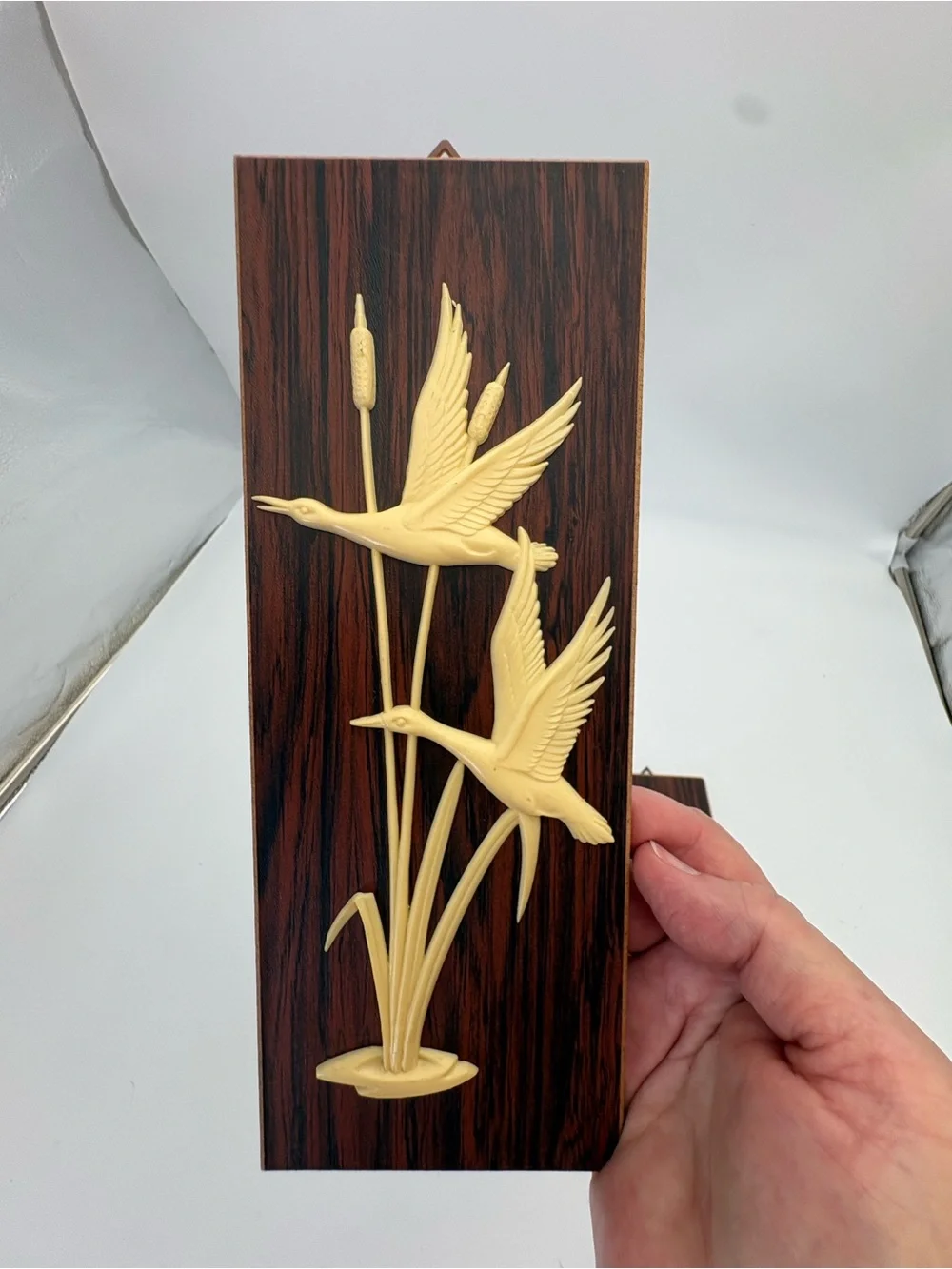 Set of 3 Mid-Century Modern Carved Wall Plaques in Brown and Cream
